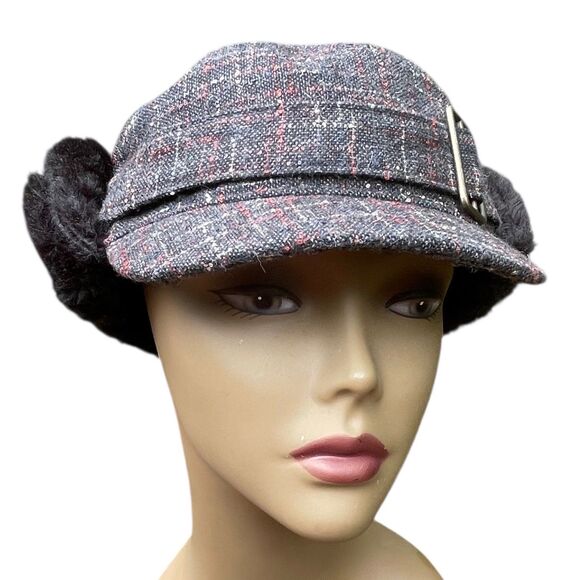 Nobis Plaid Tweed Trapper Hat Cap Faux Fur Ear Flaps Gray Red Winter Warm NWT - Picture 11 of 16